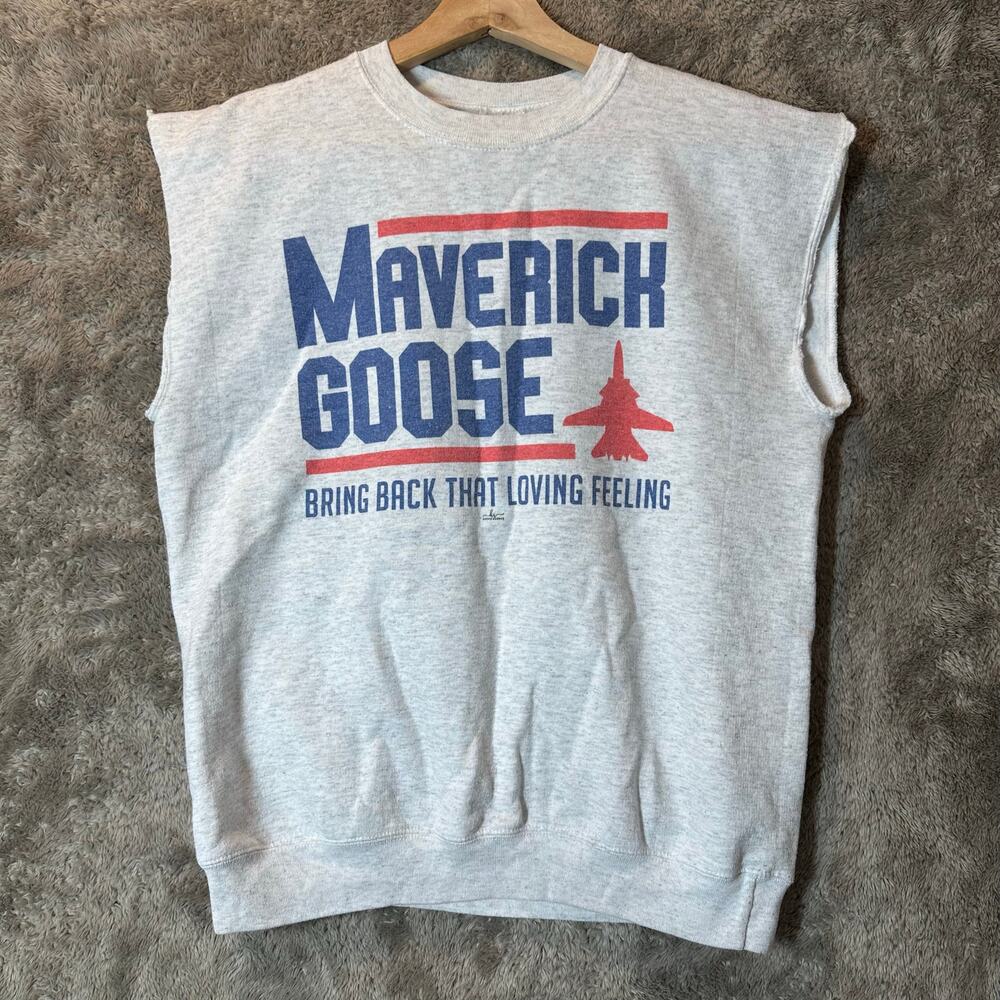 Hanes Gray Sleeveless 'Maverick Goose' Graphic Sweatshirt with Blue & Red Print